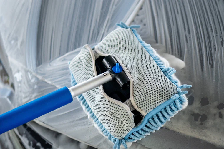 Autofiber [BLUE Mitt on a Stick PRO+] Brosse de lavage avec tête rotative *Nouvelle version!*